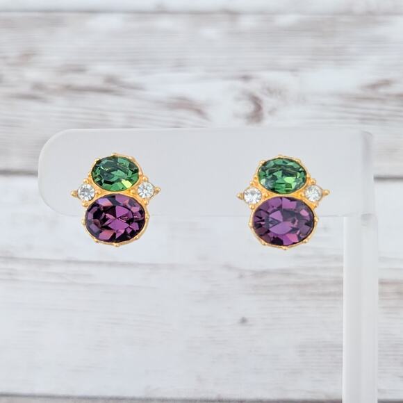 Vintage Museum of Fine Arts Boston Clip On Earrings Green, Purple, Clear Gems - Picture 1 of 5